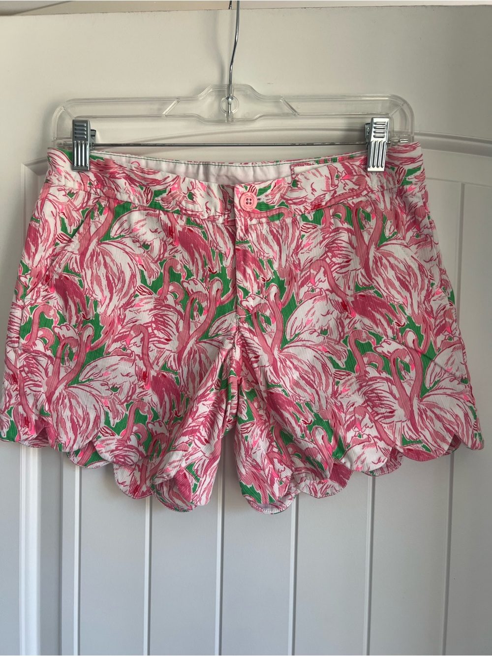Lilly Pulitzer Pink Floral Scallop Hem Shorts with Green Accents